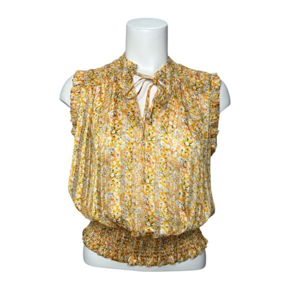Rachel Zoe Floral Yellow‎ Sleeveless Top Ruffle Smocked Hem Sz Small NEW